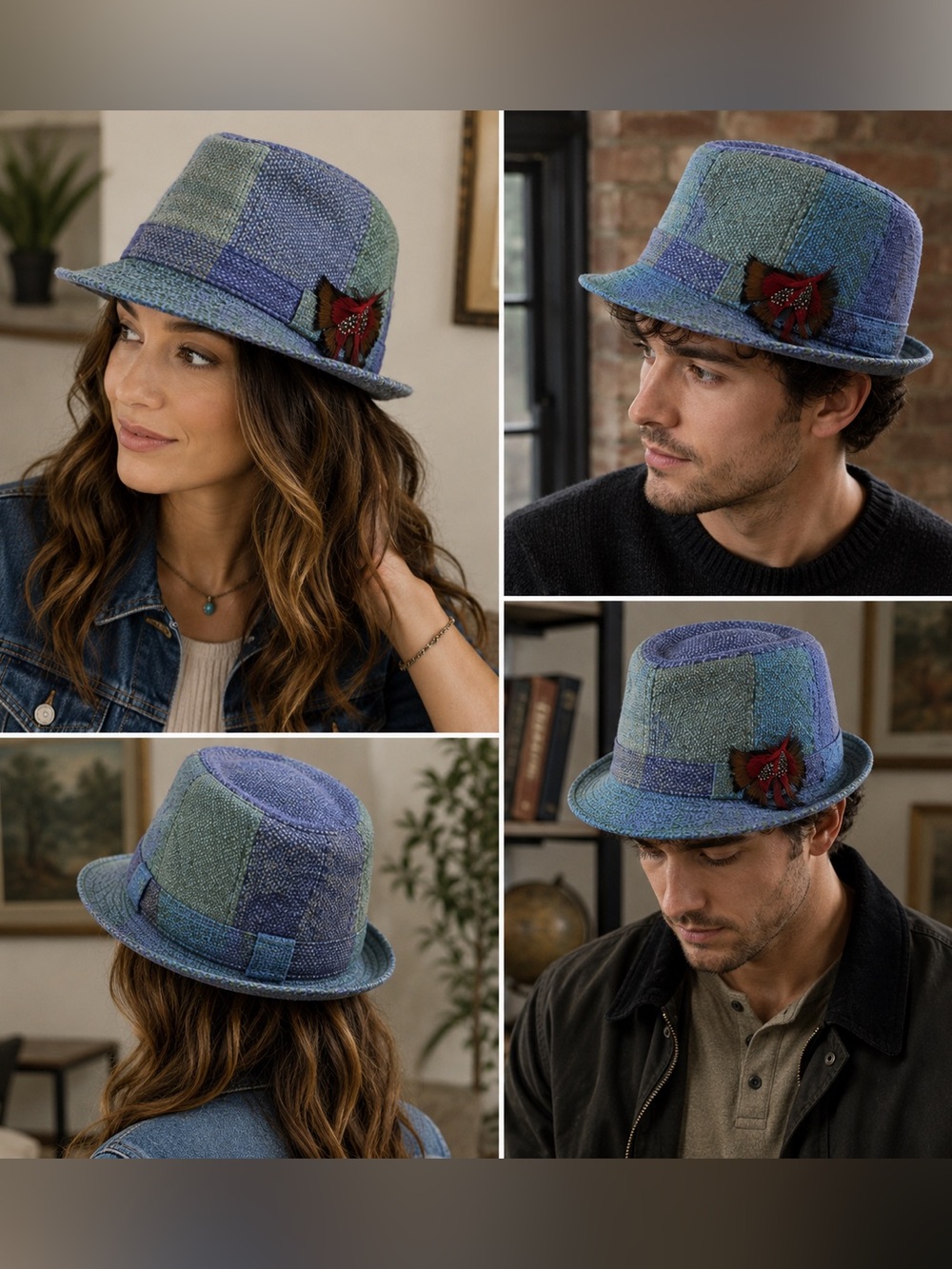 Avoca Collection Blue/Green Plaid Fedora Hat Size M Lined Unisex Adults Vintage